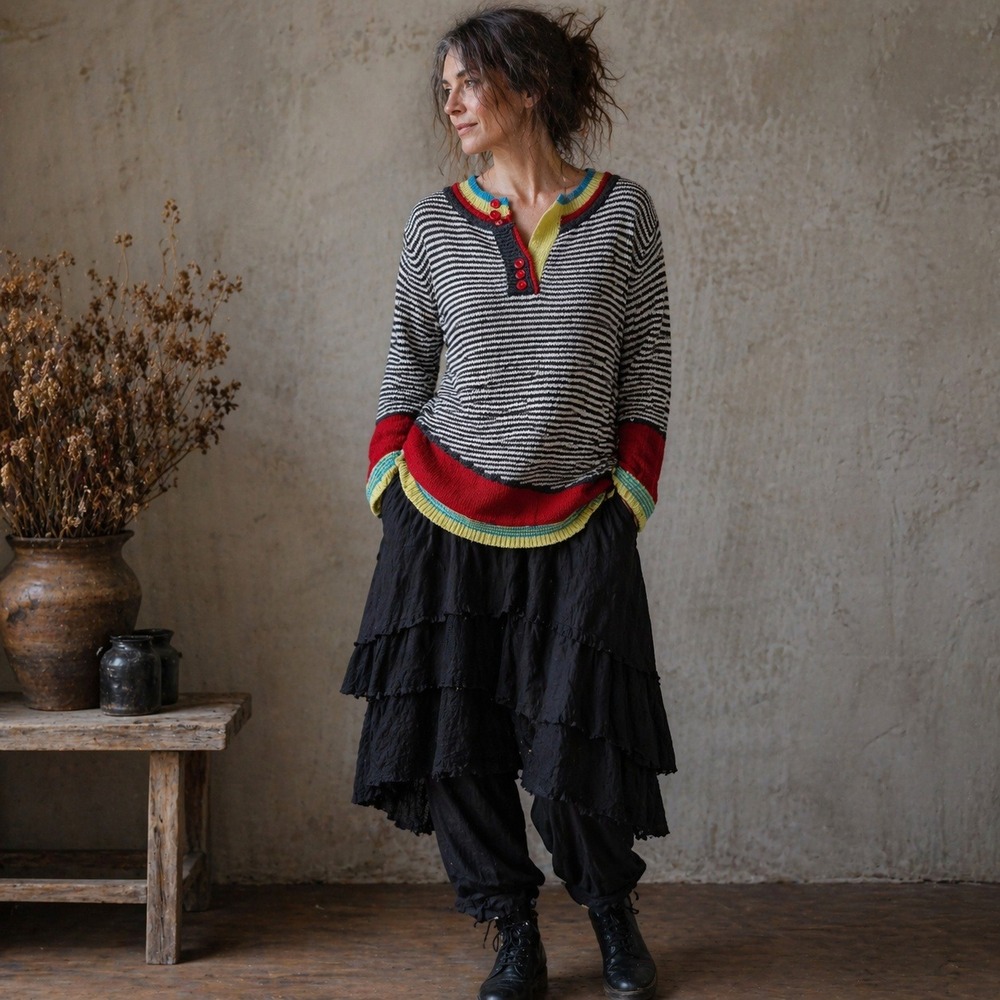 Misslook Sweater Colorblock Striped Wool Blend Henley Lagenlook Artsy Large